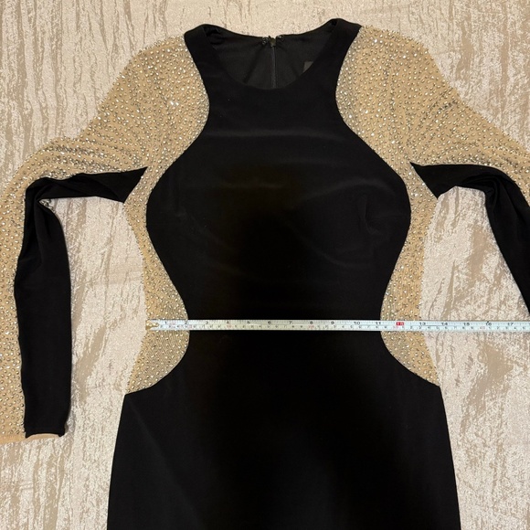 XSCAPE Dress Sz 6 Silver Beaded Black Stretch Mini Illusion Slimming Long Sleeve - Picture 8 of 15